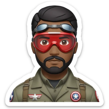 sam wilson have a short, neatly cropped black hair. It is evenly trimmed and close to the scalp, maintaining a clean and military-inspired and  a well-groomed beard that connects to his mustache,  wear sleek, red-tinted tactical goggles fit snugly from captain america: civil war sticker