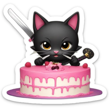 Ninja cat cuts cake with  katana sticker