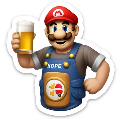 Mario plumber drinking beer with a shirt that says “HOPE” sticker
