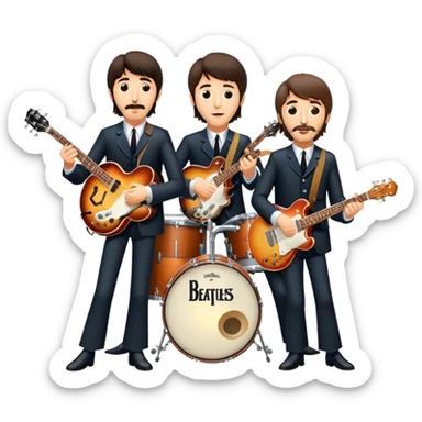 Rock music icon: The Beatles performing live on stage. John Lennon with guitar, Paul McCartney with bass, George Harrison with guitar, Ringo Starr on drums. Bright lights, energetic performance. Transparent background. sticker