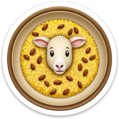 "Emoji of a Jordanian Mansaf dish — round platter with golden rice, lamb pieces, nuts on top, simple cute cartoon style, clean lines, white or transparent background." sticker