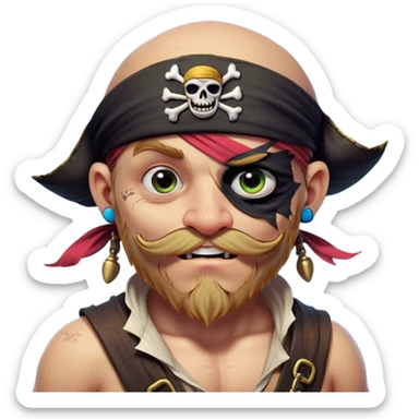Clash of Clans aesthetic Comical Pirate Portrait Emoji, Head tilted dramatically with an exaggerated, fun expression and wide, comically expressive eyes behind a quirky eye patch, featuring a rugged yet cartoonish build with a playful bandana and natural skin tone, Simplified yet hilariously expressive features, highly detailed, glowing with a slightly sassy oceanic glow, high shine, dramatic yet playful, stylized with an air of cheeky maritime mischief, soft glowing outline, capturing the essence of a meme-worthy pirate who brings humor to epic quests! sticker
