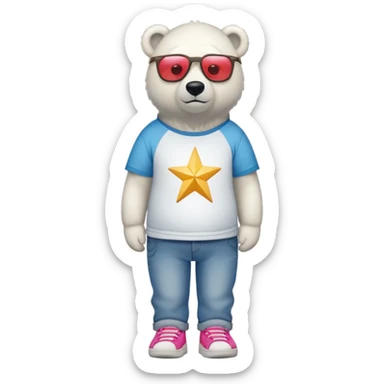 friendly anthropomorphised polar bear standing upright, looking chilled and unbothered, wearing a shirt, jeans, trainers, oversized colorful star glasses sticker