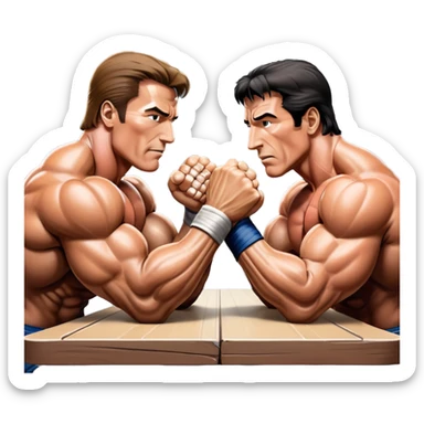 Arnold Schwarzenegger VS Sylvester Stallone from 'Over the Top,' locked in an arm wrestling battle, using only their right hands. Their left hands rest on the table. Both display immense strength, with muscular arms flexing, under bright competition lights. Transparent background. sticker