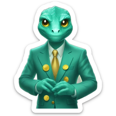 Aquamarine reptilian in classic suite with laser eyes on the golden coin in background sticker