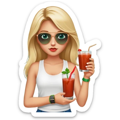 girl with long blond hair
with blue eyes
and aviator sunglasses
wearing white tank top 
holding bloody mary
wearing (rose gold apple watch with forest green band) sticker