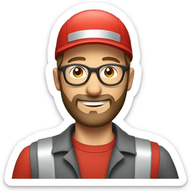 smiling white man with beard and round glasses dressed as a mechanic with red cap sticker