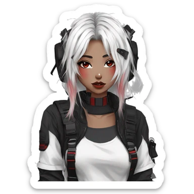 Gorgeous techwear anime style lady with blushing face aesthetic and pretty edgy black red white punk messy hair with collar and harness trending style sticker