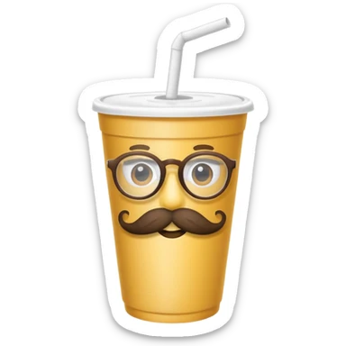 paper cup and white straw, the cup has eyes and mouth and glassess and mustache sticker