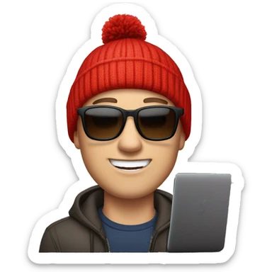 white man with short brown hair in his 20s with sunglasses and a red beanie with a pom-pom, has AirPods in and is on a Mac laptop sticker