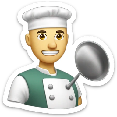 Canteen staff angry enrobed bald with ladle sticker