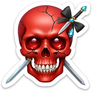 make me a red crystal skull partly see thew super gem like make it realistic and held together by a black bow and a small dager to the eye with cracks coming from it  sticker