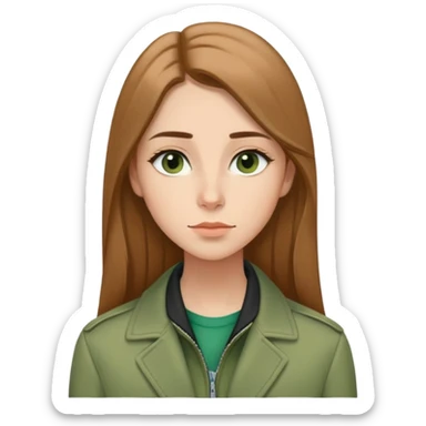 Caucasian girl with elongated face, soft jawline, long straight light brown hair with middle part, almond-shaped brown eyes with black eyeliner, thoughtful expression with slight smile, wearing green jacket sticker