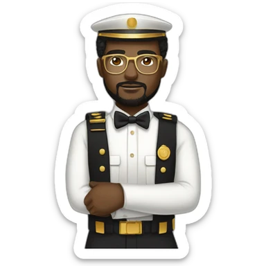 black soldier with beard, part in black hair, white collared shirt, bow tie, gold frame glasses, bulletproof vest  sticker