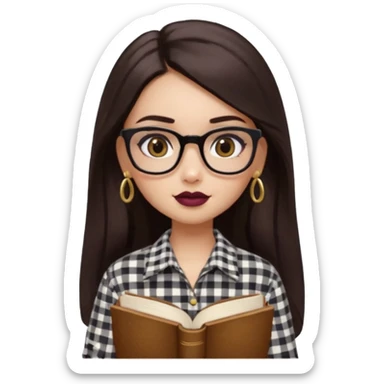 generate a pretty bratz girl with black small square spectacles, dark lipstick, gold stud earrings, a brown gingham shirt, books in hand, dark brown straight long hair, eyeliner on sticker