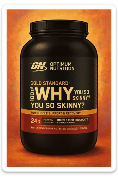 Style this image of protein jar in the GPT style. Change the inscription “WHEY” to ‘Why’ and add “you so skinny?” in a smaller font. sticker