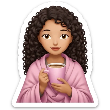 hispanic woman, deep tan skin, black long 3b curls, closed eyes, feminine face, holding soft pink coffee cup with beige blanket over shoulders sticker
