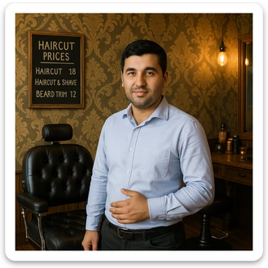 Draw me a picture of a barbershop that looks like this guy working in a barbershop. The barbershop doesn't have to be very modern. It should be on a medium floor. Also draw a blackboard on the wall. It should have the prices for haircuts there. sticker