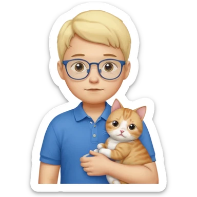 emoji ios, soft boy carrying a cat, light yellow skin, blue polo shirt, bespectacled, cute and a little plump, with slightly chubby cheeks. sticker