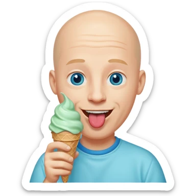 Smiling Bald man with blue eyes with mint ice cream cone sticking out tongue sticker