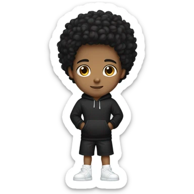 a young male with medium skin and curly black hair, wearing a black hoodie and matching shorts with white sneakers, sticker