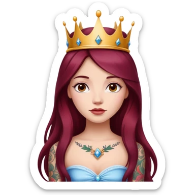 Beautiful tattooed long burgundy haired girl wearing a princess crown sticker