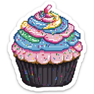large cupcake with pink frosting and rainbow sprinkles in pixel art style sticker
