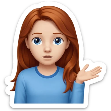 shrugging emoji tween long auburn hair light blue shirt with a darker blue L sticker