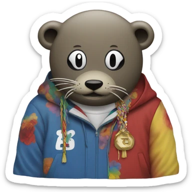 A seal that’s getting dragged by the Kanye graduation bear by takashi murakami sticker