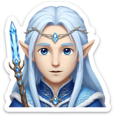 Legendary fantasy Christmas elf portrait icon, Santa Claus and Snow Maiden inspired, ancient winter spirit style, long flowing white-blue hair, glowing frost eyes, crystal staff, elegant elven features, divine winter magic aura, icy silver color palette, highly detailed but clean emoji icon male sticker