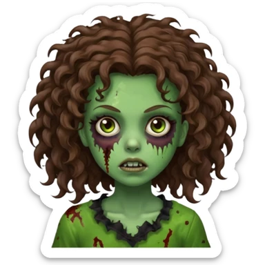 Faça uma garota zombie de cabelo cacheado castanho, olhos castanhos escuro e pele verde d zombie, com o cabelo grande sticker