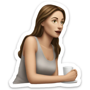 Side view realistic posh brown straight haired pale woman sits at the coffee table sticker