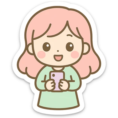 Edit the image to make the woman hold a phone and smile, keeping the kawaii chibi anime style with flat pastel colors, thick outlines, and simple cute features. Use a transparent background. sticker