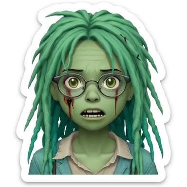 One young female green-skinned, zombie with glasses, with ombre black roots & teal tips long dreadlocks and a side bang of her locs that fall over the left eye and a worried expression like with the mouth open, teeth showing, and the jaw uneven. with a small wound near its mouth. sticker