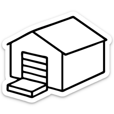 Single story warehouse building in isometric view with loading dock and roll-up door sticker