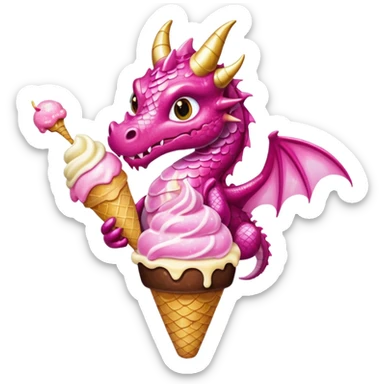 A dragon in pink tones with its wings, pink and golden legs, and shiny glitter, eats a vanilla and chocolate ice cream. sticker