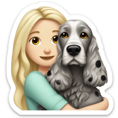 pretty blonde hair white girl is hugging a grey with black spots cocker spaniel sticker