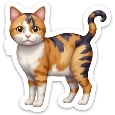 full body anxious looking colourful patchy calico tabby cat with tiny head to large body with fully white front legs sticker