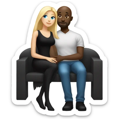 Blonde woman with blue eyes and long straight hair wearing a short black dress and a black man who is bald with a goatee seated together on a sofa enjoying a loving kiss.   sticker