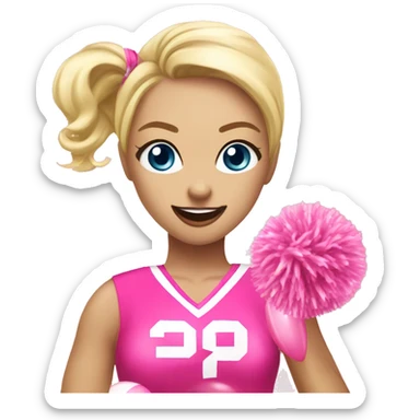 blonde cheerleader wearing pink uniform holding pink pompoms blowing pink bubble of gum sticker
