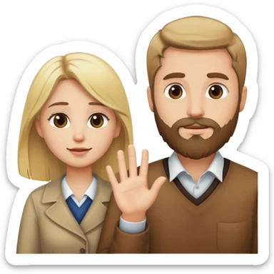 Blonde haired man with a beard, brown hair woman saying goodbye  sticker