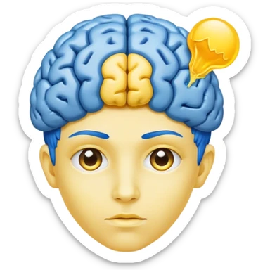 A real person face emoji, skin is emoji yellow, and hair is replaced by a blue brain sticker
