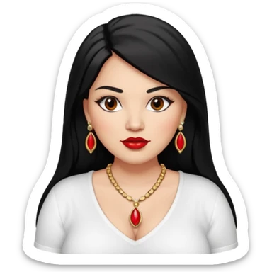 Mexican Light skin big brown eyes glamorous full figured women black medium straight hair red lips necklace and earrings long lashes white shirt  sticker