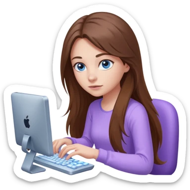 beautiful girl with long brown hair, blue eyes and wearing light purple clothes playing computer games sticker