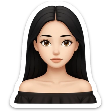 A realistic 3D avatar of a young woman with a soft oval face, slim cheeks, natural almond eyes, long straight black hair, minimal makeup, wearing a black off-shoulder top, elegant and aesthetic, tanned skintone. sticker
