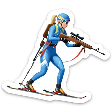 An icon featuring snow-covered trees, distant mountains, and a clear blue sky with a biathlete in motion, holding a rifle and skiing across a snowy course. Transparent background highlights the precision, endurance, and excitement of biathlon. sticker