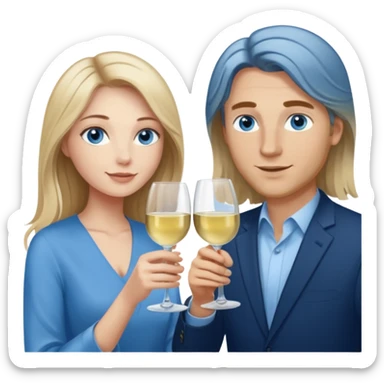 A woman with blue eyes and long balayage brown blond hair and a man with blue eyes and light brown hair, they toast to each other with a glass of white wine.  sticker