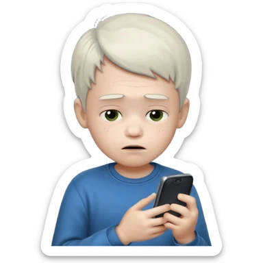 un niño de entre 3 - 10 años jugando con su celular, cansado en una habitacion apagada, el niño tiene piel blanca

 sticker