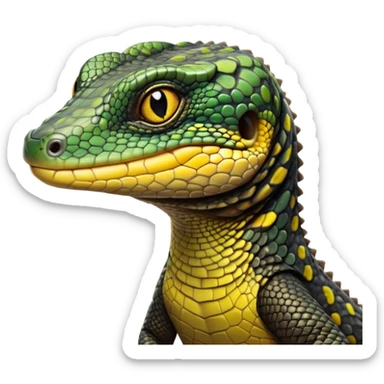 cinematic-realistic-cute-monitor-lizard-portrait-emoji,-head-tilted-playfully-and-inquisitively,-featuring-a-compact,-agile-body-with-finely-detailed,-glossy-scales-in-earthy-black and yellow-hues-and-a-distinct,-alert-face-with-bright,-curious-eyes, black , yellow spotted and green band  scales sticker