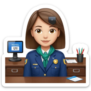 Young girl, straight hair, wearing uniform jacket with hotel name badge, tasteful scarf, stand behind the desk sticker